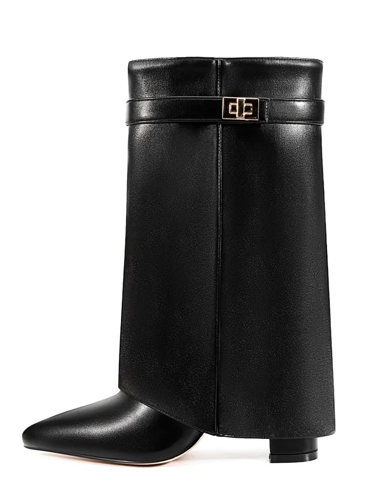 Pointed Metal Buckle Knee-High Boots – Sleek, Stylish, Statement-Making