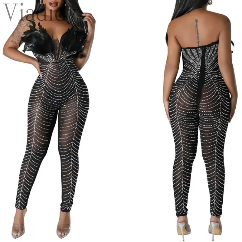 Rhinestone Feather Decor Mesh Sleeveless Backless Skinny Jumpsuit