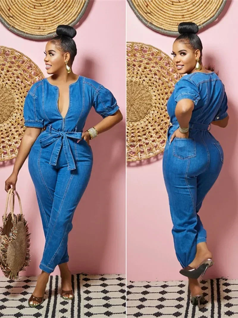 Sexy Lace-Up Denim Jumpsuit for Women – Sleeveless Bodycon Pencil Jeans One-Piece