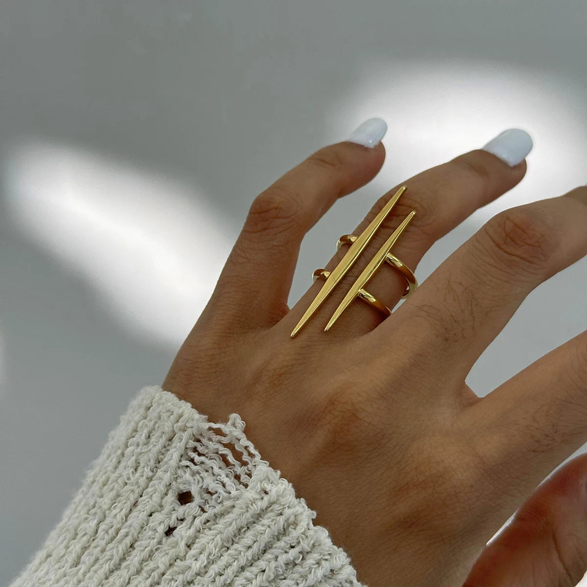 18K Gold Plated Stainless Steel Open Ring – Vintage Double Line Hollow Design