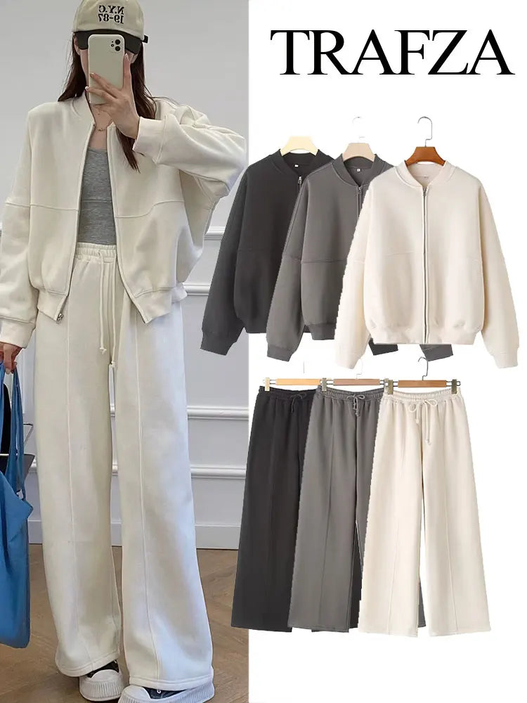 Women’s Fall 2-Piece Set – Retro Zip Bomber Jacket & Lace-Up Wide Leg Pants