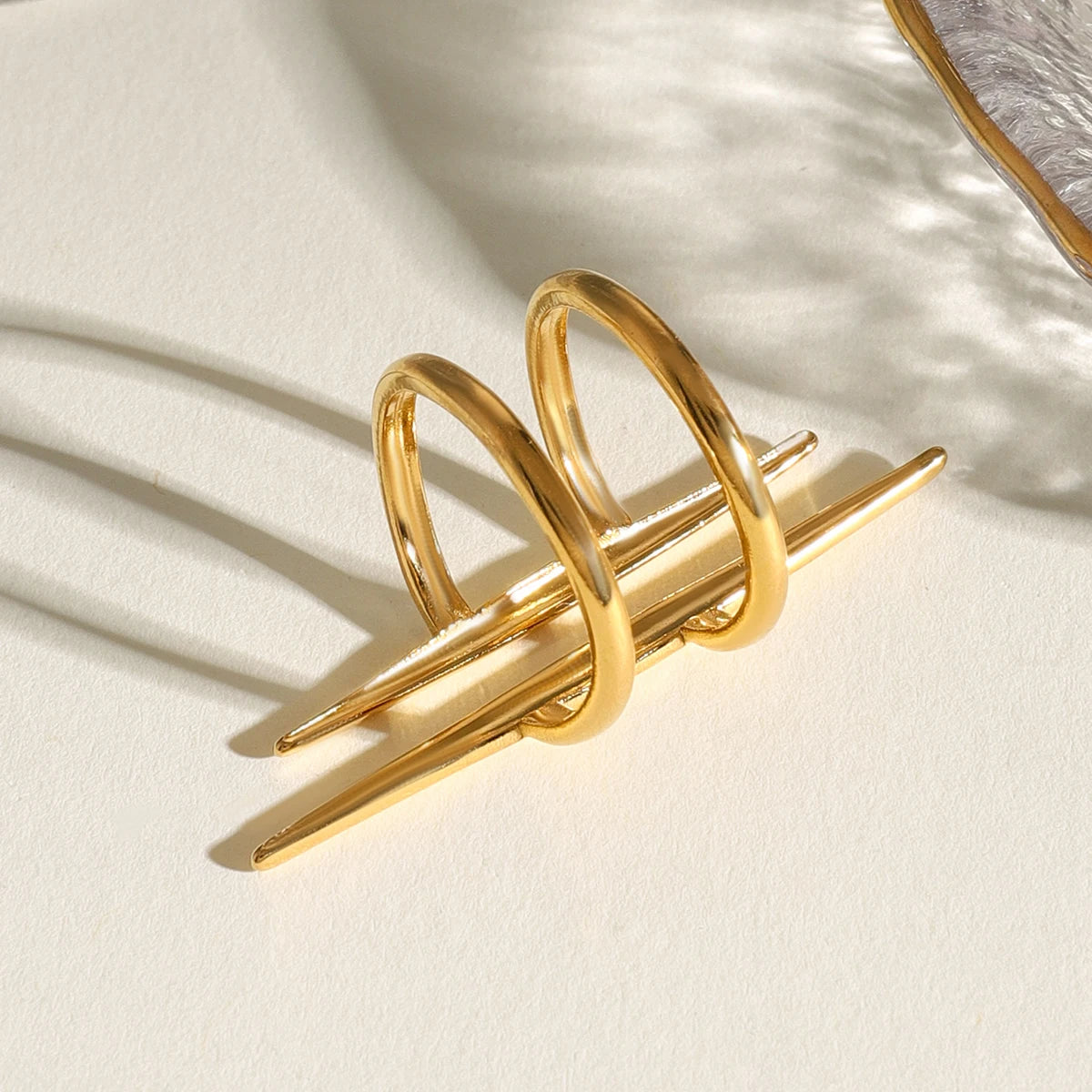 18K Gold Plated Stainless Steel Open Ring – Vintage Double Line Hollow Design