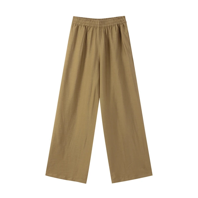 Casual 2-Piece Set – V-Neck Lace-Up Pleated Top & Wide Leg Pants