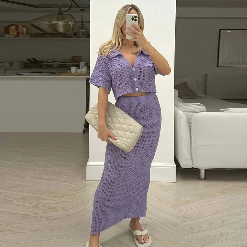 Knit Hollow-Out Cardigan & Skirt Set – Sexy Slim Fit Summer Beach Outfit