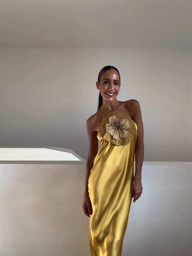 Elegant 3D Floral Halter Dress – Sleeveless Party Gown for Women