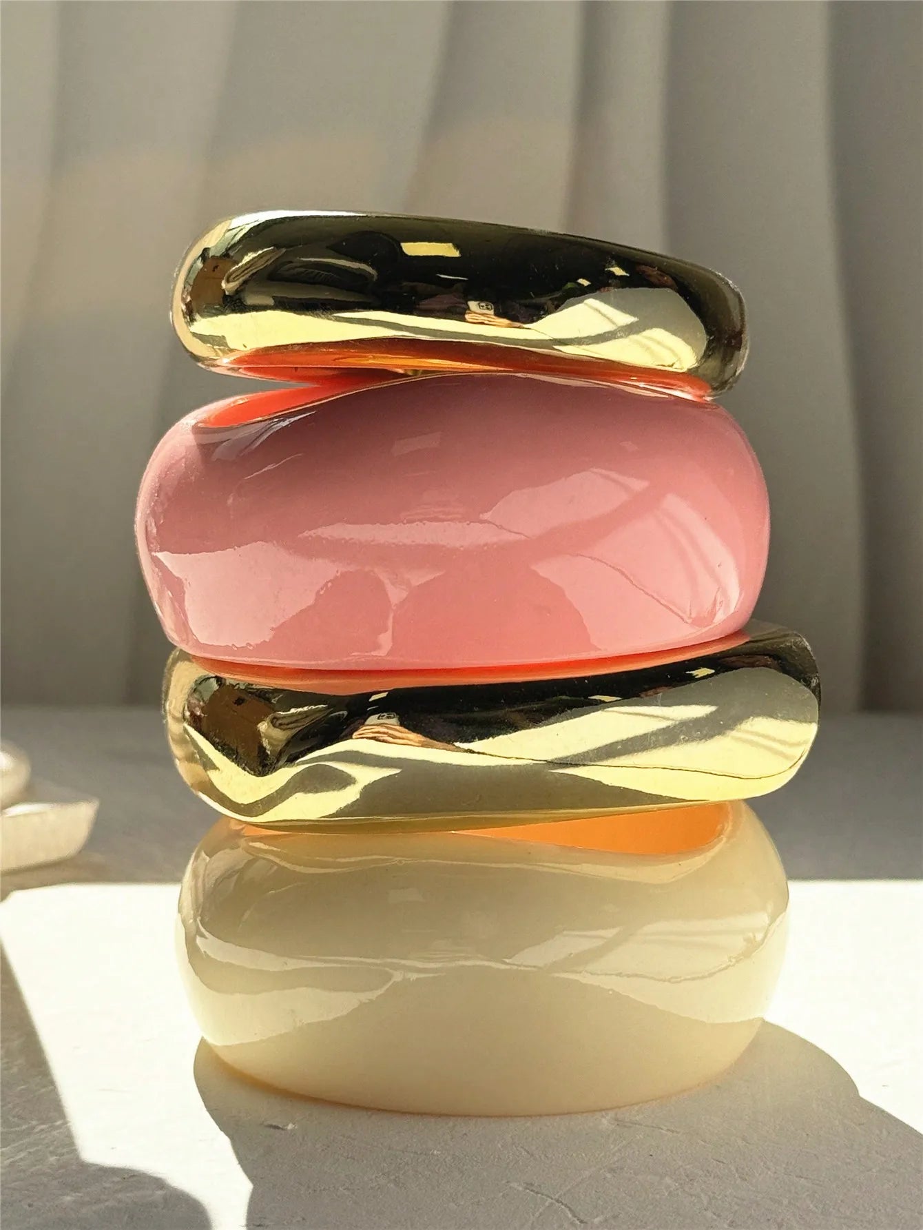 Chunky Asymmetrical Geometric Wide Bracelet – Beige & Pink Fashion Statement Jewelry