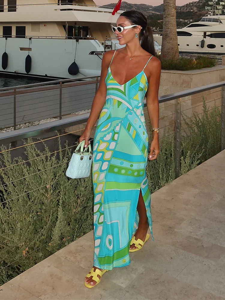 Chic Printed Sling Maxi Dress – Sleeveless, Backless, Side Slit