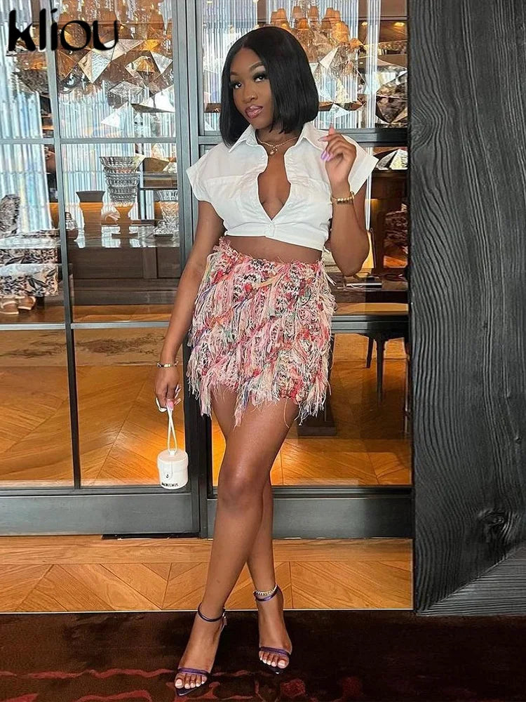 Crochet Tassel Hip Skirt – Women’s High Waist Contrast Color