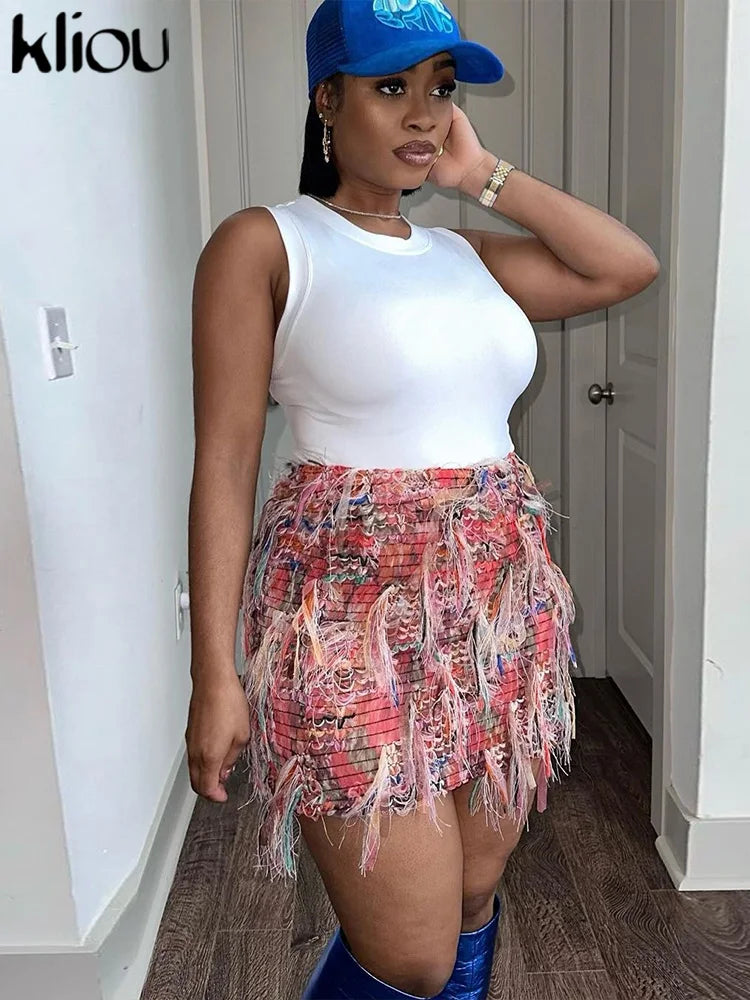 Crochet Tassel Hip Skirt – Women’s High Waist Contrast Color