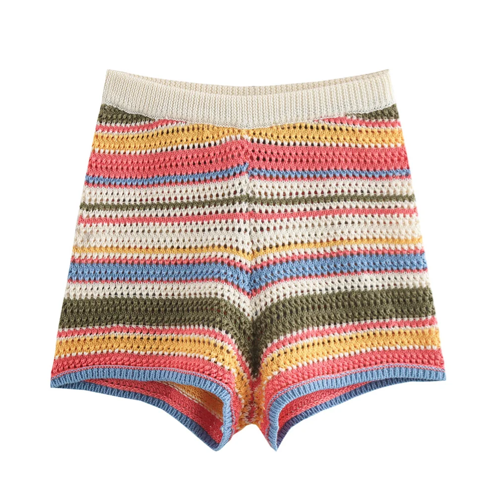 Women’s 2-Piece Set – Polo Collar Knitted Sweater & Striped Shorts
