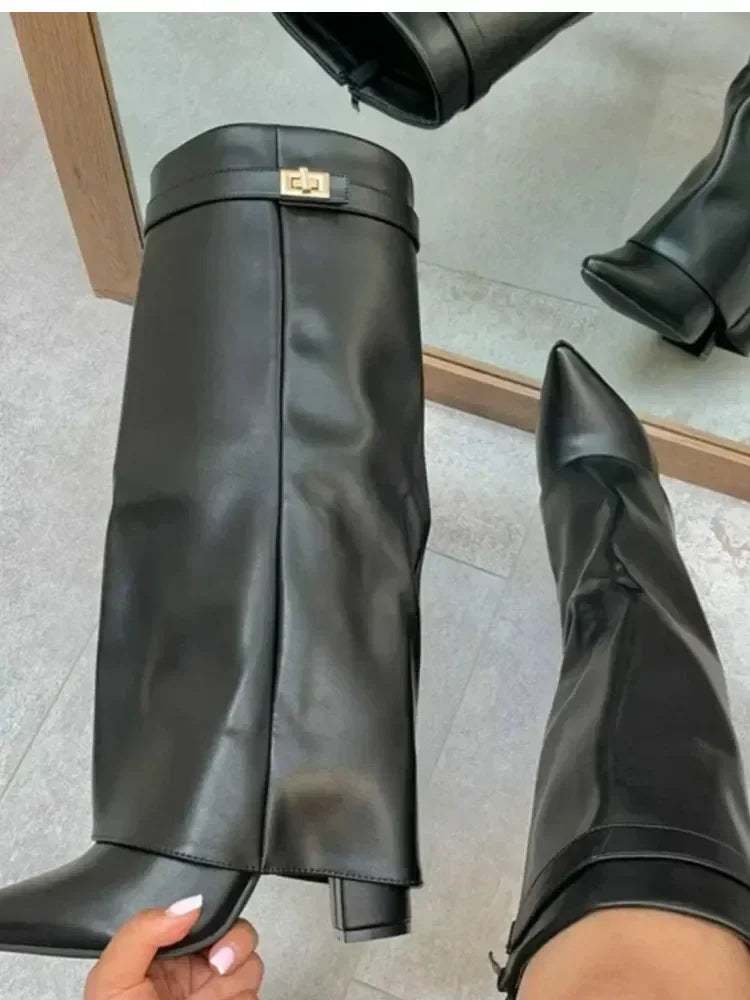 Pointed Metal Buckle Knee-High Boots – Sleek, Stylish, Statement-Making