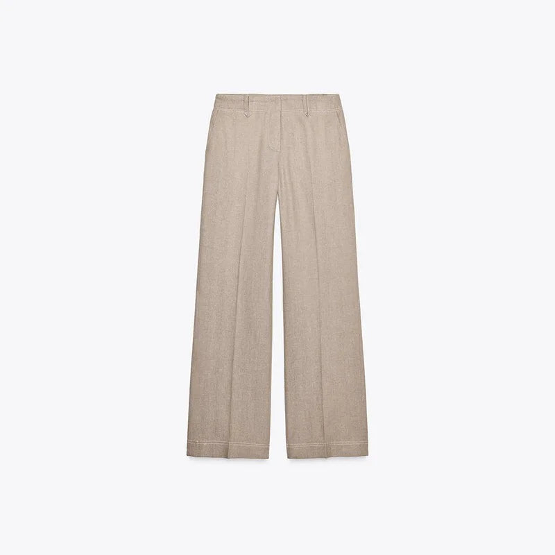 Cotton Linen Trousers Set – Women’s Cropped Zip Top & Straight Pants