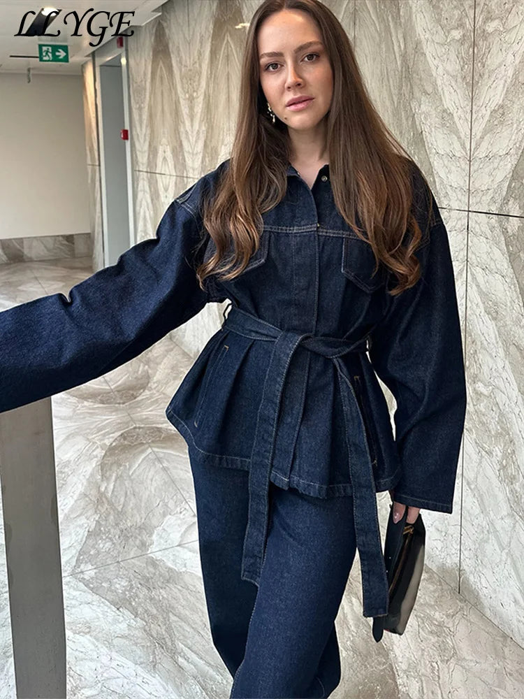 Vintage Belted Denim Jacket & Pants Set – Women’s Autumn Streetwear