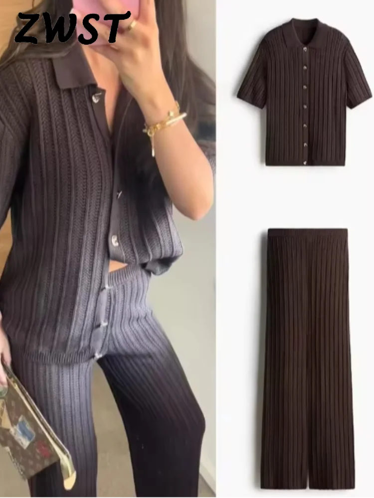 Vintage Knitted Pants Set – Women’s Brown Cardigan & Straight Trousers