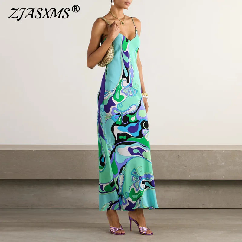 Vintage Pattern Print Spaghetti Strap Dress Casual V Neck Backless Slit Long Dresses