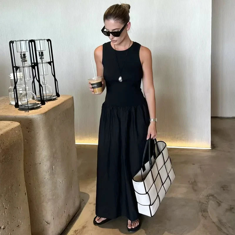 Khaki & Black Elegant Long Dress – Spring