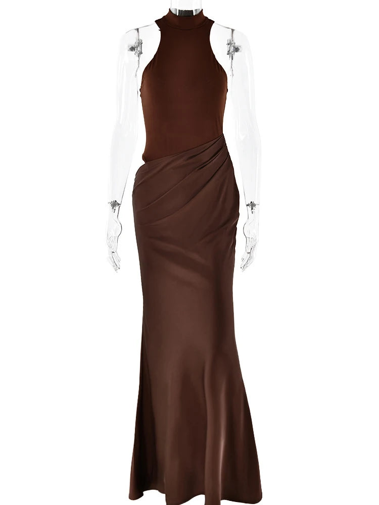 Satin Sexy Hollow Out Women Maxi Dress – Black, Sleeveless, High Waist