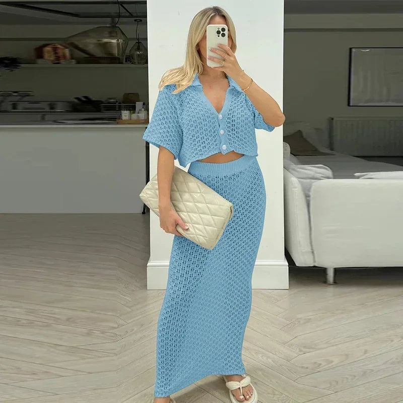 Knit Hollow-Out Cardigan & Skirt Set – Sexy Slim Fit Summer Beach Outfit