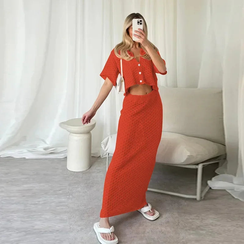 Knit Hollow-Out Cardigan & Skirt Set – Sexy Slim Fit Summer Beach Outfit