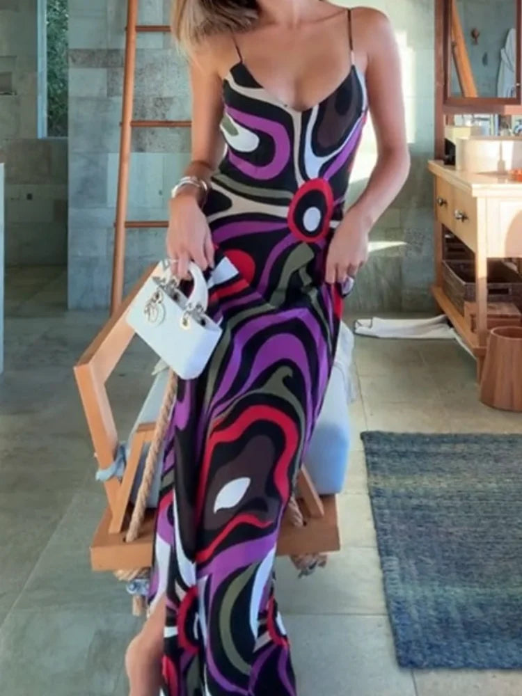 Chic Printed Sling Maxi Dress – Sleeveless, Backless, Side Slit