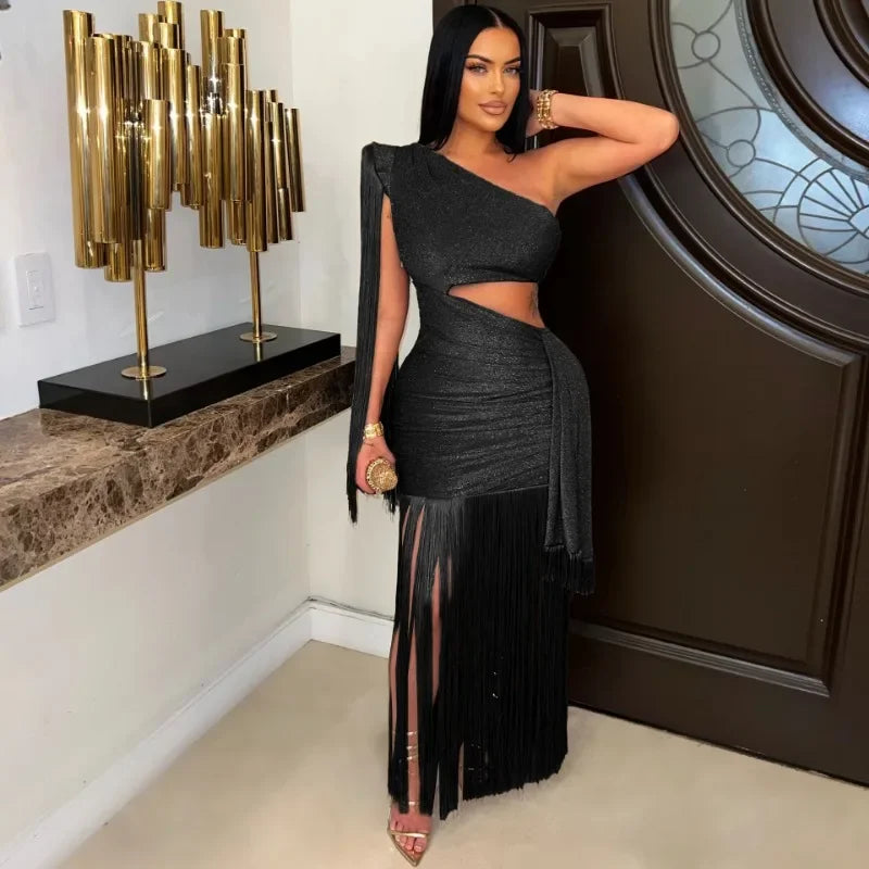 Long Tassel Bright Silk Bodycon Maxi Dress – Elegant Evening Party Gown for Women