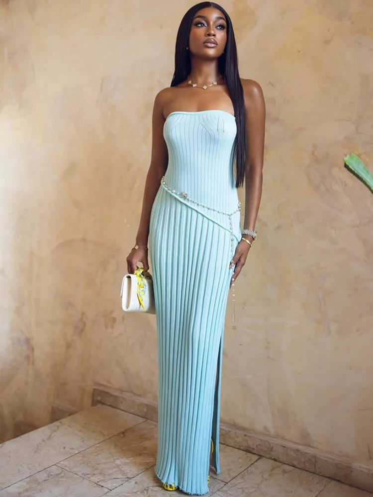 Women’s Summer Strapless Pleated Bodycon Maxi Dress – Sleeveless Long Dress for Beach & Parties