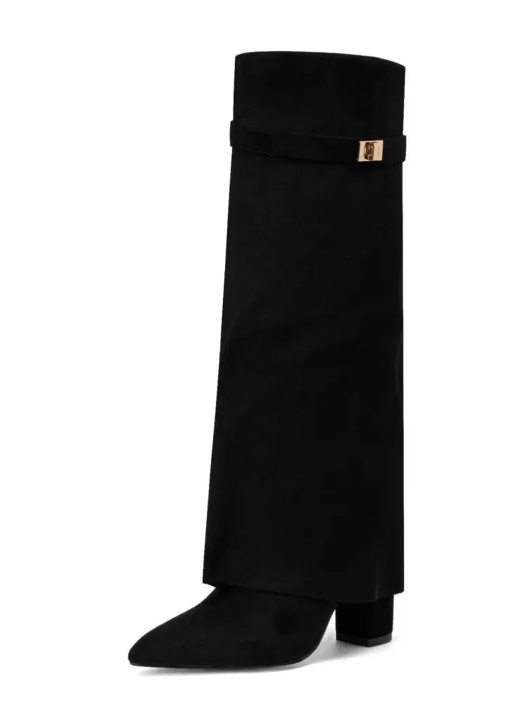 Pointed Metal Buckle Knee-High Boots – Sleek, Stylish, Statement-Making