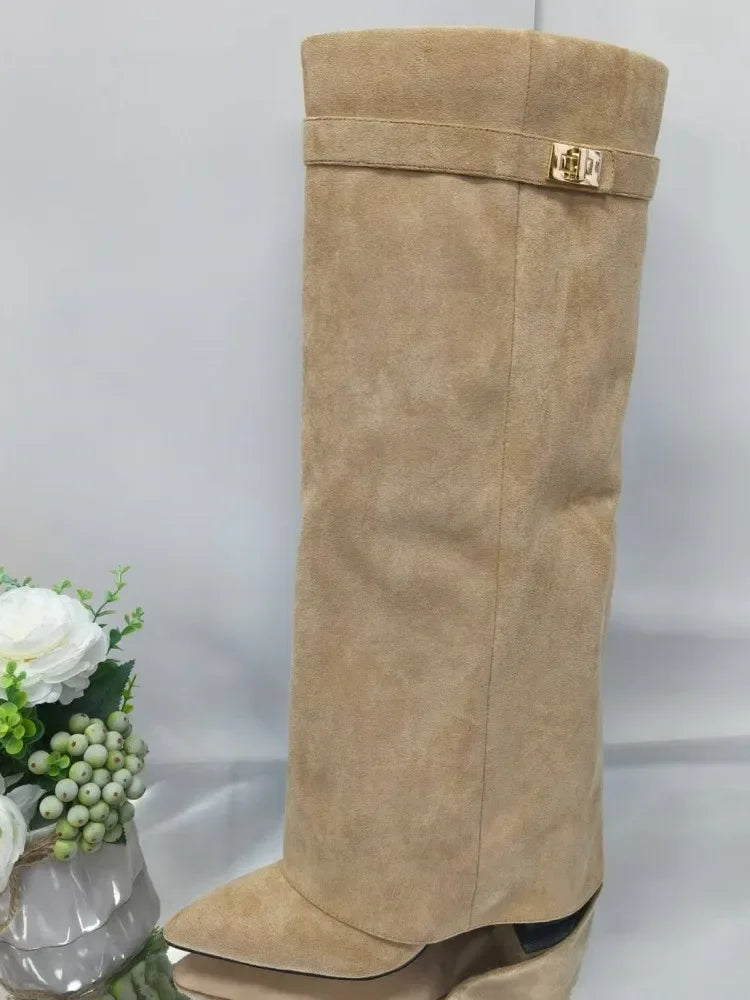 Pointed Metal Buckle Knee-High Boots – Sleek, Stylish, Statement-Making