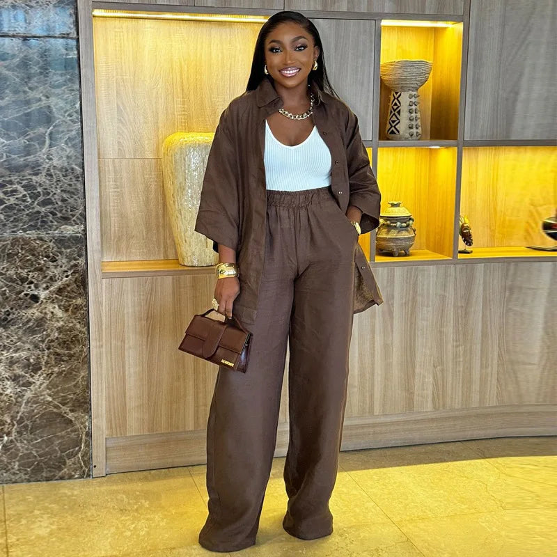 Cotton Linen Women’s 2-Piece Set – Oversized Shirt & Long Pants