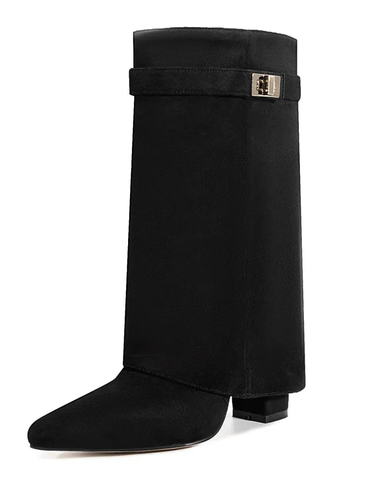 Pointed Metal Buckle Knee-High Boots – Sleek, Stylish, Statement-Making