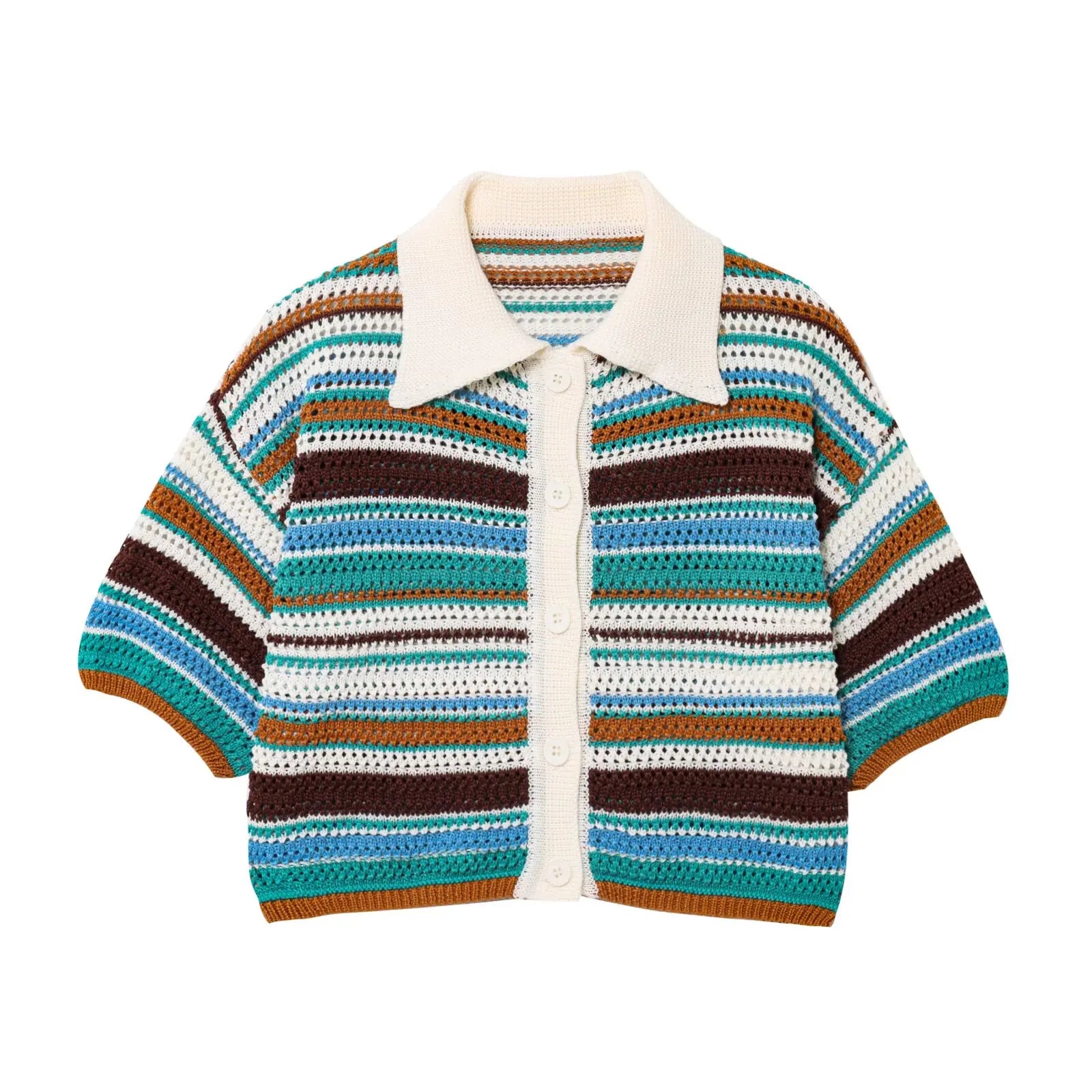 Women’s 2-Piece Set – Polo Collar Knitted Sweater & Striped Shorts
