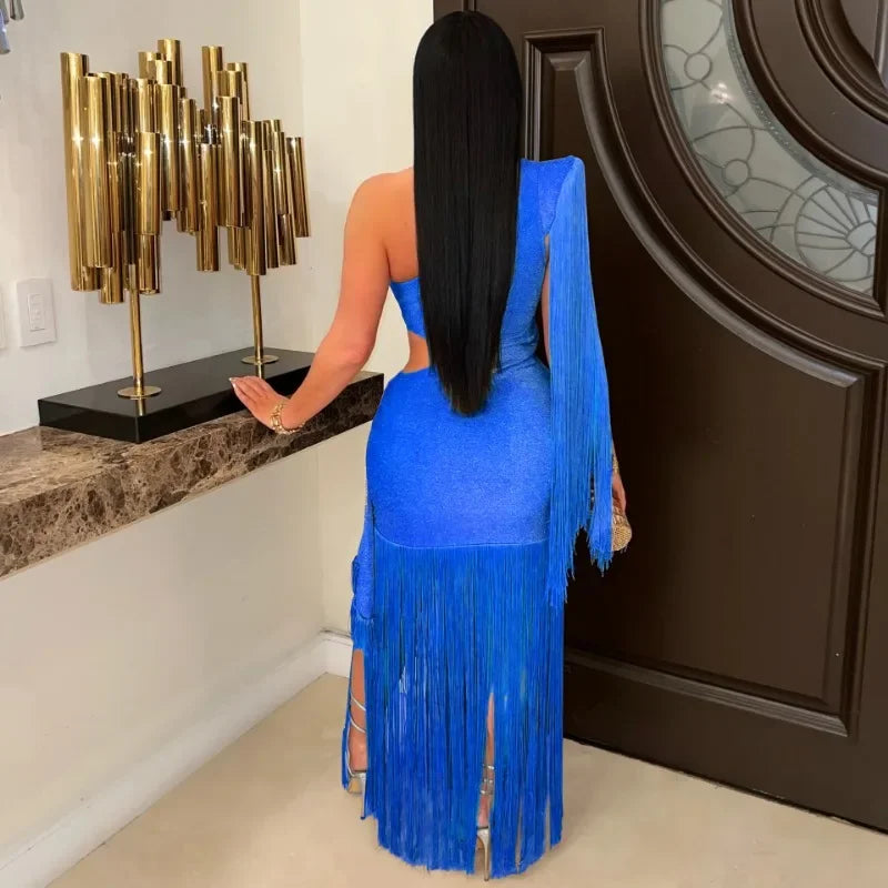 Long Tassel Bright Silk Bodycon Maxi Dress – Elegant Evening Party Gown for Women
