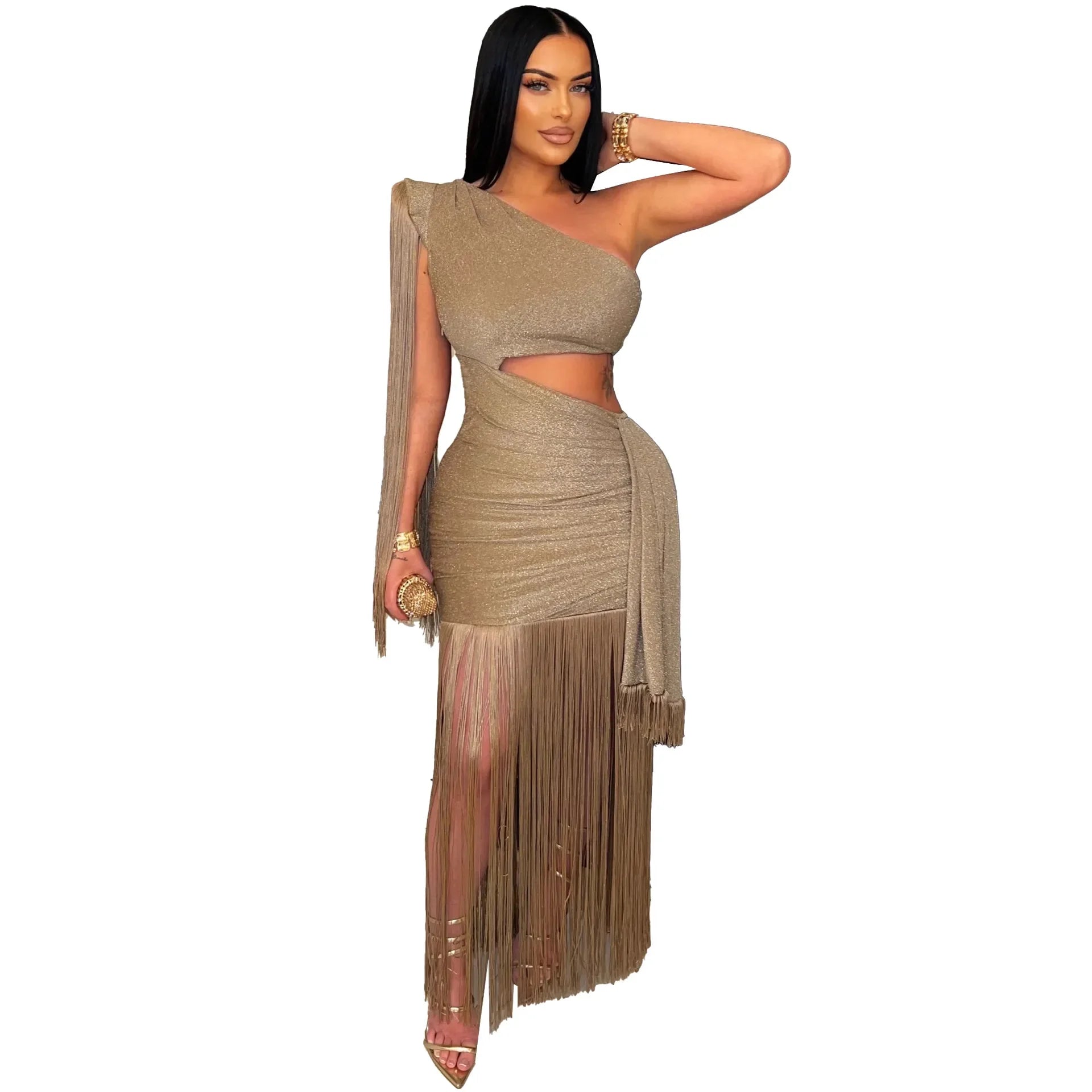 Long Tassel Bright Silk Bodycon Maxi Dress – Elegant Evening Party Gown for Women