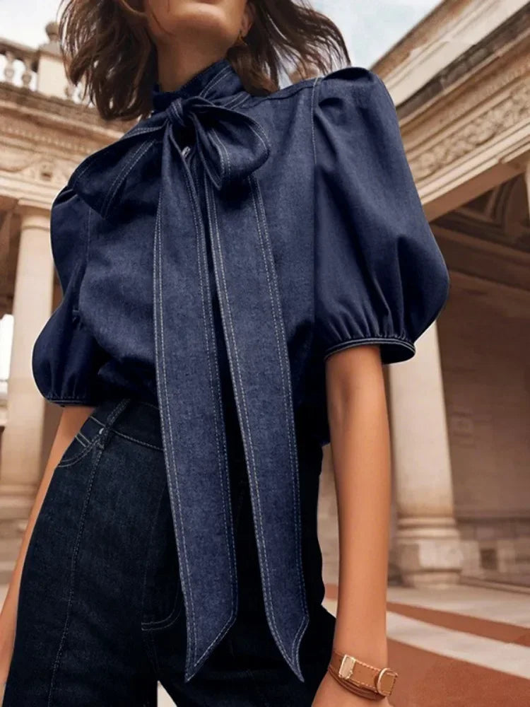 Women Fashion High Neck Imitation Denim Shirts Puff Sleeves Tops Female