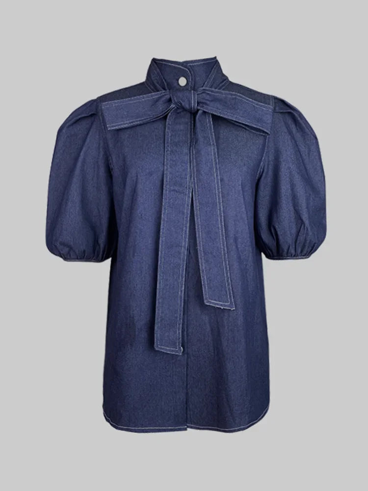 Women Fashion High Neck Imitation Denim Shirts Puff Sleeves Tops Female