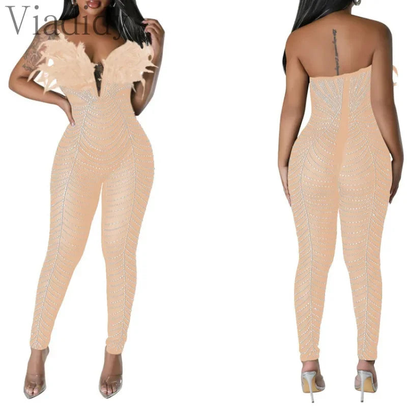 Rhinestone Feather Decor Mesh Sleeveless Backless Skinny Jumpsuit