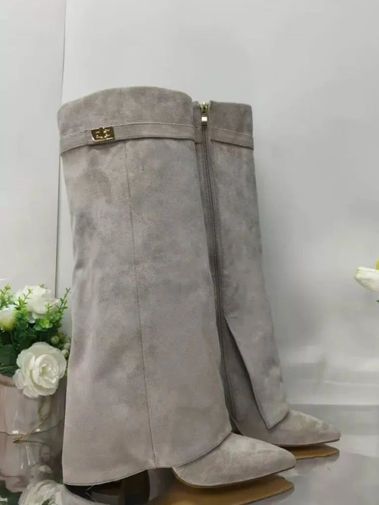 Pointed Metal Buckle Knee-High Boots – Sleek, Stylish, Statement-Making