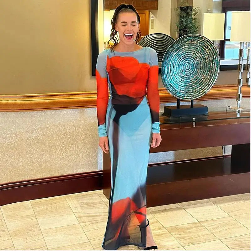 Sexy Women’s Slim Fit Long Dress Cover-Ups Sheer Mesh Long Sleeve