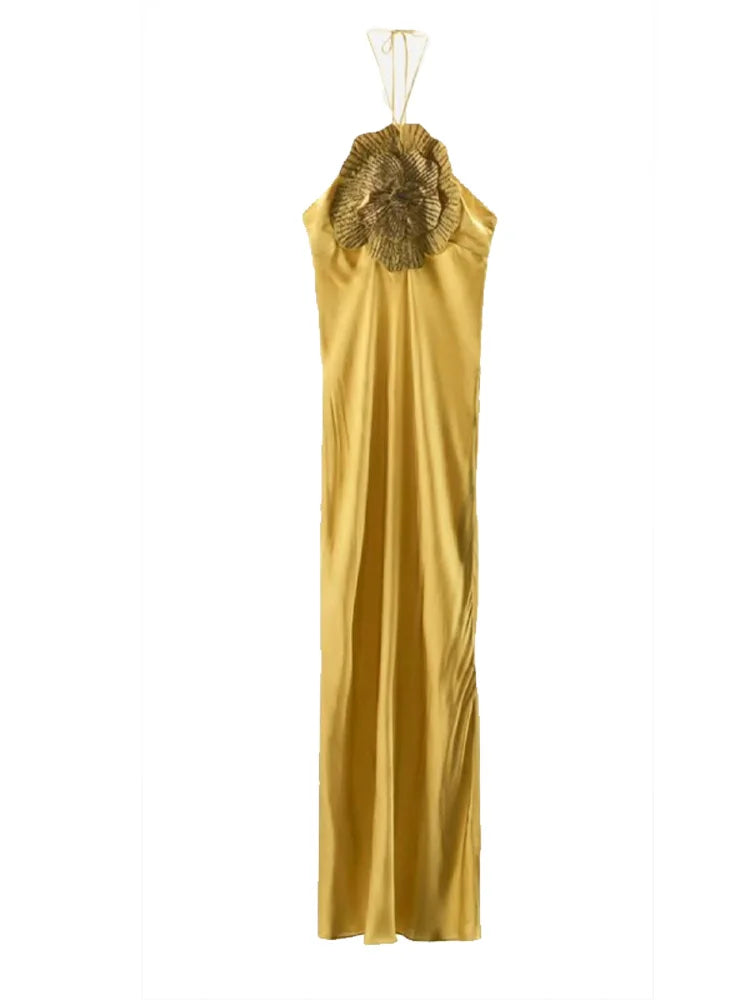 Elegant 3D Floral Halter Dress – Sleeveless Party Gown for Women