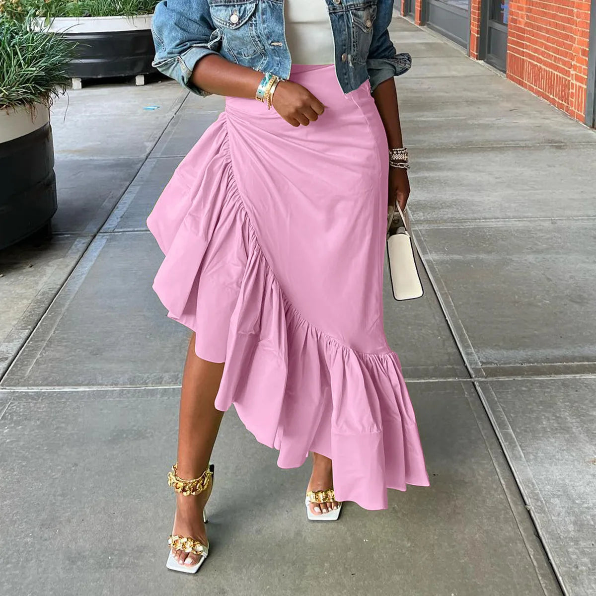 Asymmetrical Ruffle Hem Maxi Skirt – Women’s High Waist Streetwear