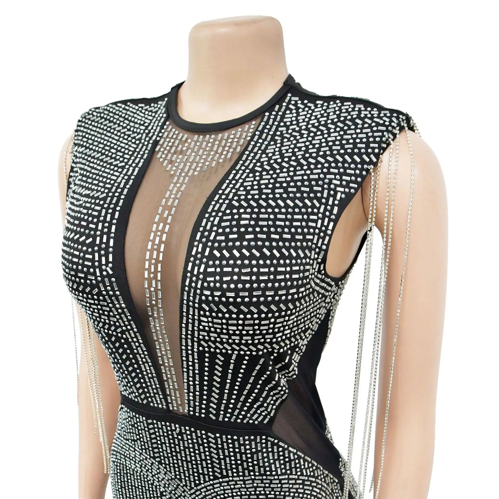 Luxury Sheer Mesh Crystal Dress for Women – Sparkly Rhinestone Party & Prom Gown