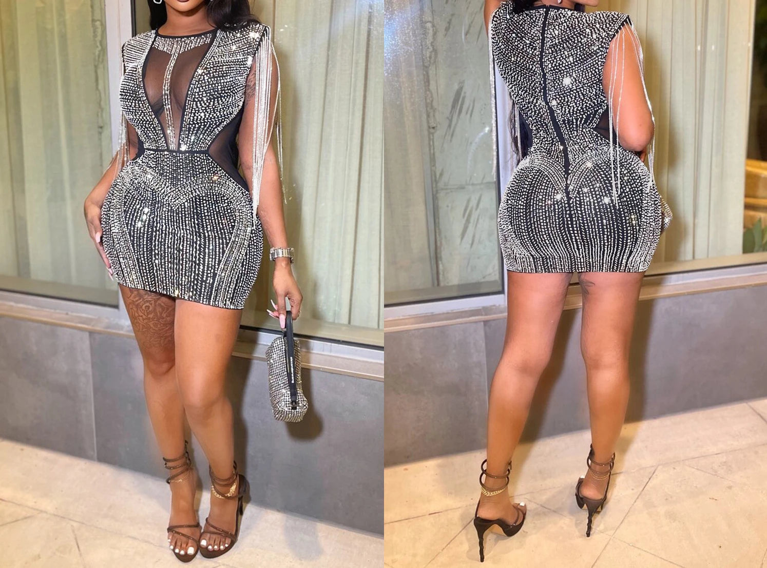Luxury Sheer Mesh Crystal Dress for Women – Sparkly Rhinestone Party & Prom Gown
