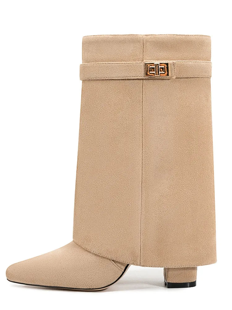 Pointed Metal Buckle Knee-High Boots – Sleek, Stylish, Statement-Making