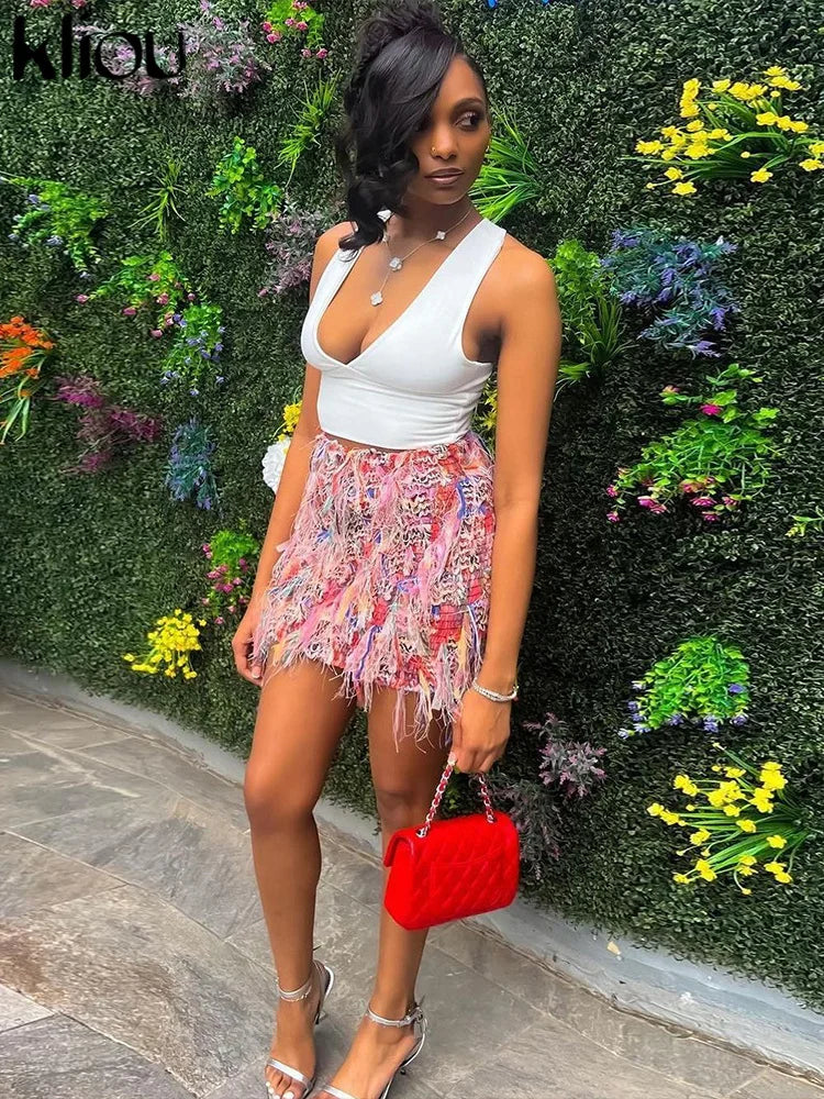 Crochet Tassel Hip Skirt – Women’s High Waist Contrast Color