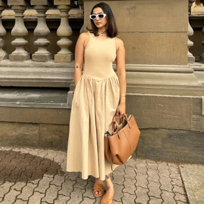 Khaki & Black Elegant Long Dress – Spring