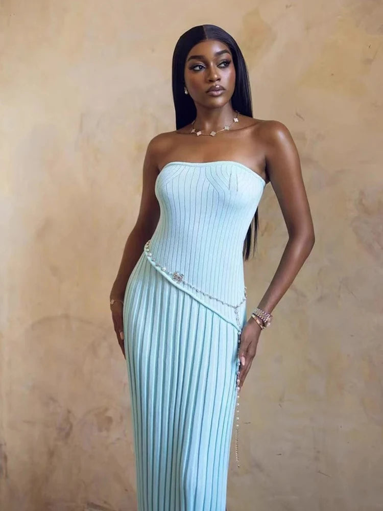 Women’s Summer Strapless Pleated Bodycon Maxi Dress – Sleeveless Long Dress for Beach & Parties