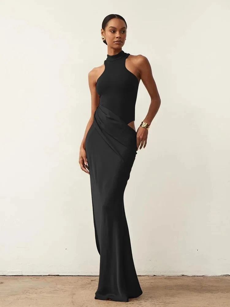 Satin Sexy Hollow Out Women Maxi Dress – Black, Sleeveless, High Waist
