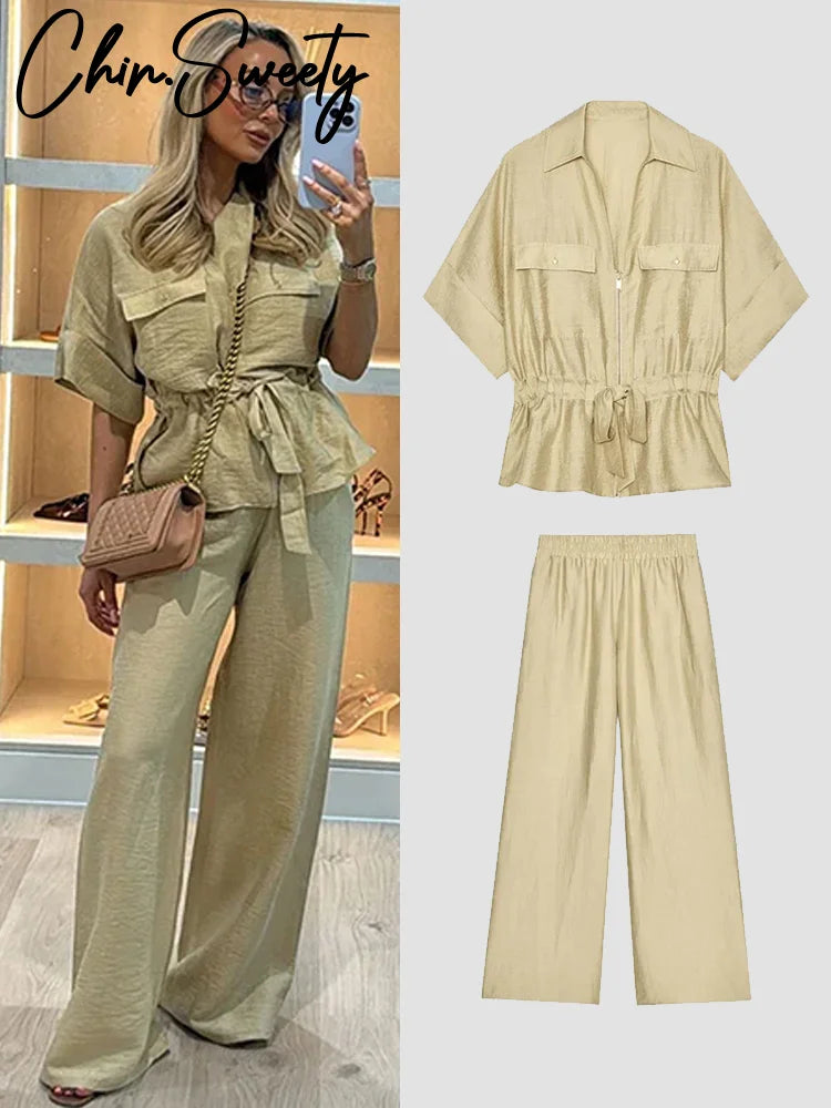 Casual 2-Piece Set – V-Neck Lace-Up Pleated Top & Wide Leg Pants