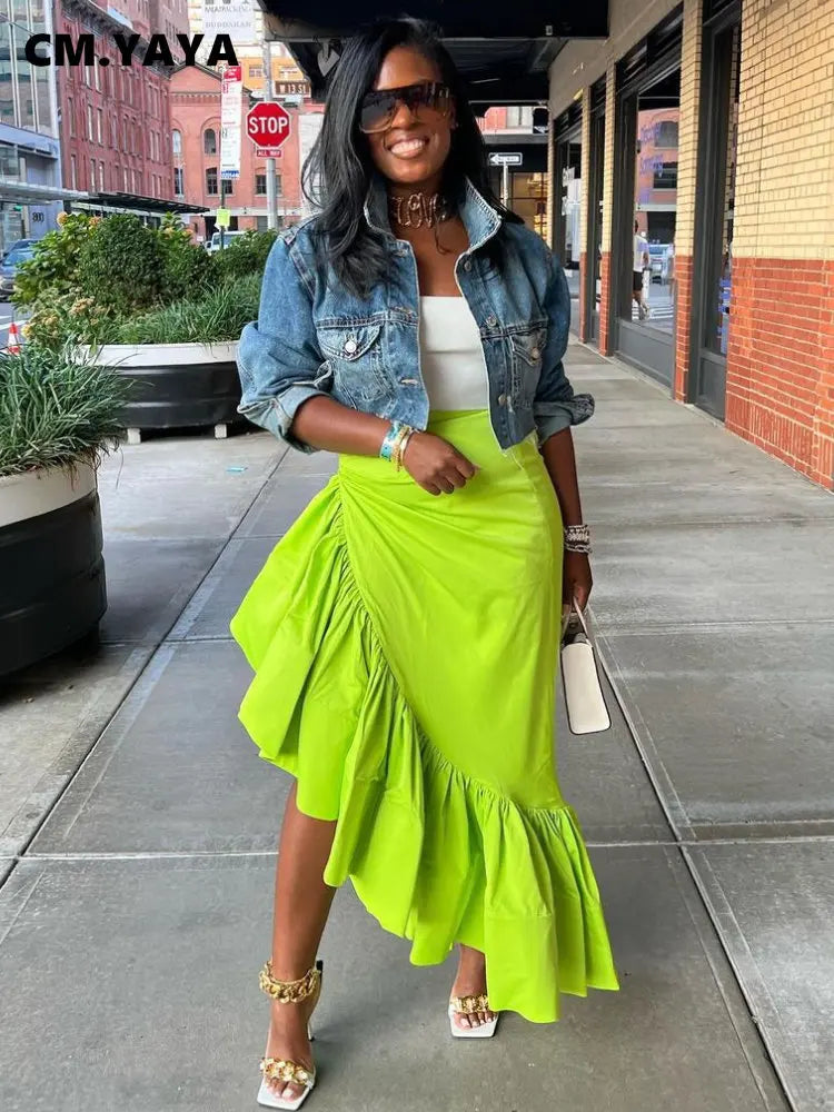 Asymmetrical Ruffle Hem Maxi Skirt – Women’s High Waist Streetwear