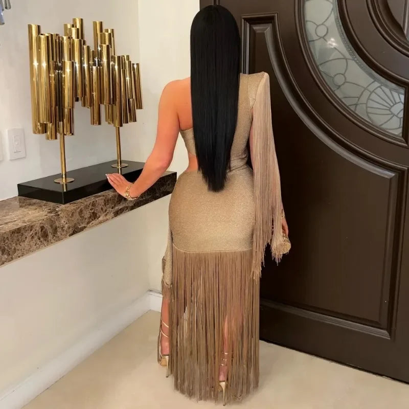 Long Tassel Bright Silk Bodycon Maxi Dress – Elegant Evening Party Gown for Women